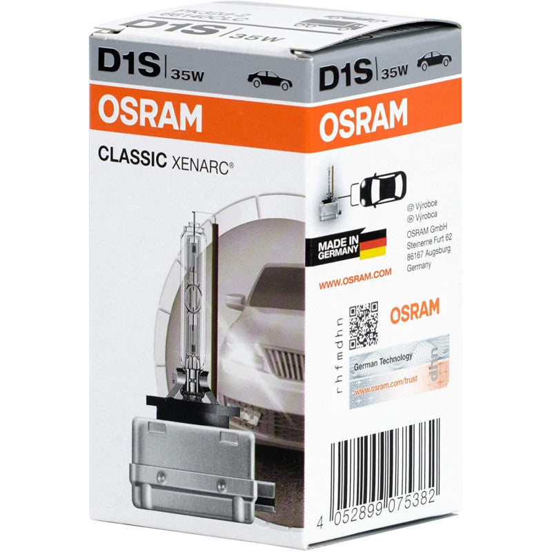 Osram D1S 35W xenonlampa i vitt och orange paket med produktbild och varumärkeslogo.