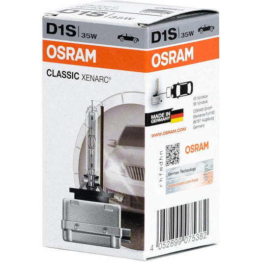 Osram D1S 35W xenonlampa i vitt och orange paket med produktbild och varumärkeslogo.